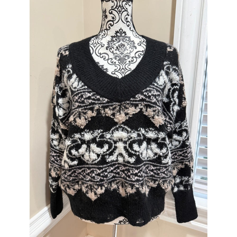 Anthropologie Intarsia Damask V-Neck Sweater Black White Wool Blend XS OB1840499